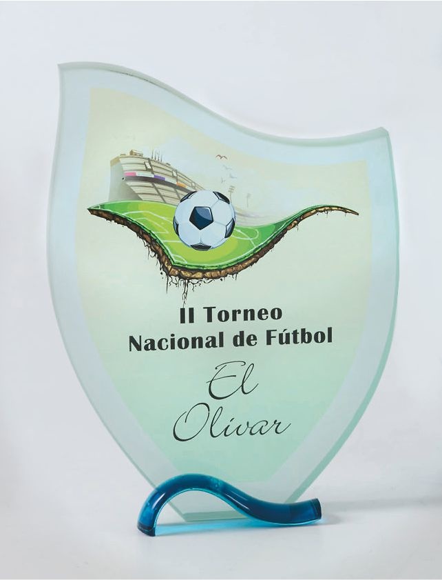 Trofeo de cristal transparente con detalle en azul escudo 